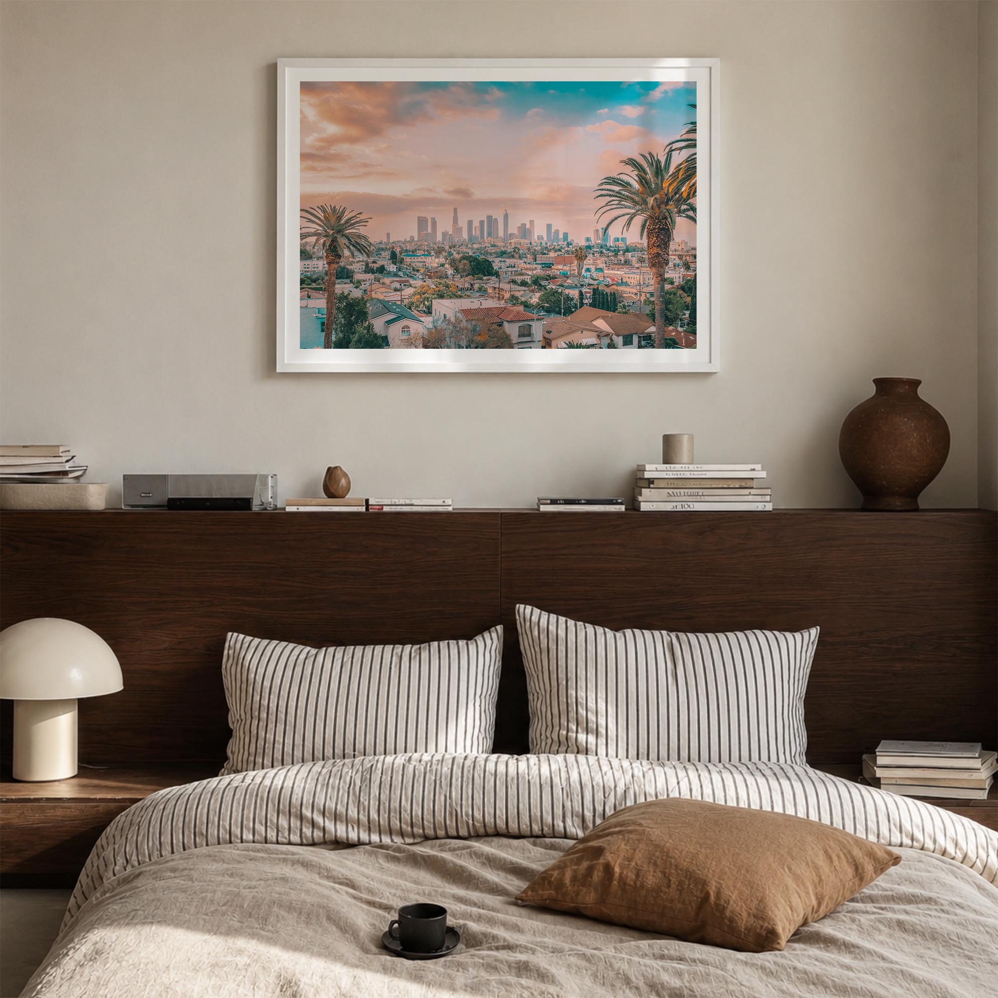 Los Angeles colorful photo poster of California, USA – horizontal wall art in white wood frame with white border, hanging on 