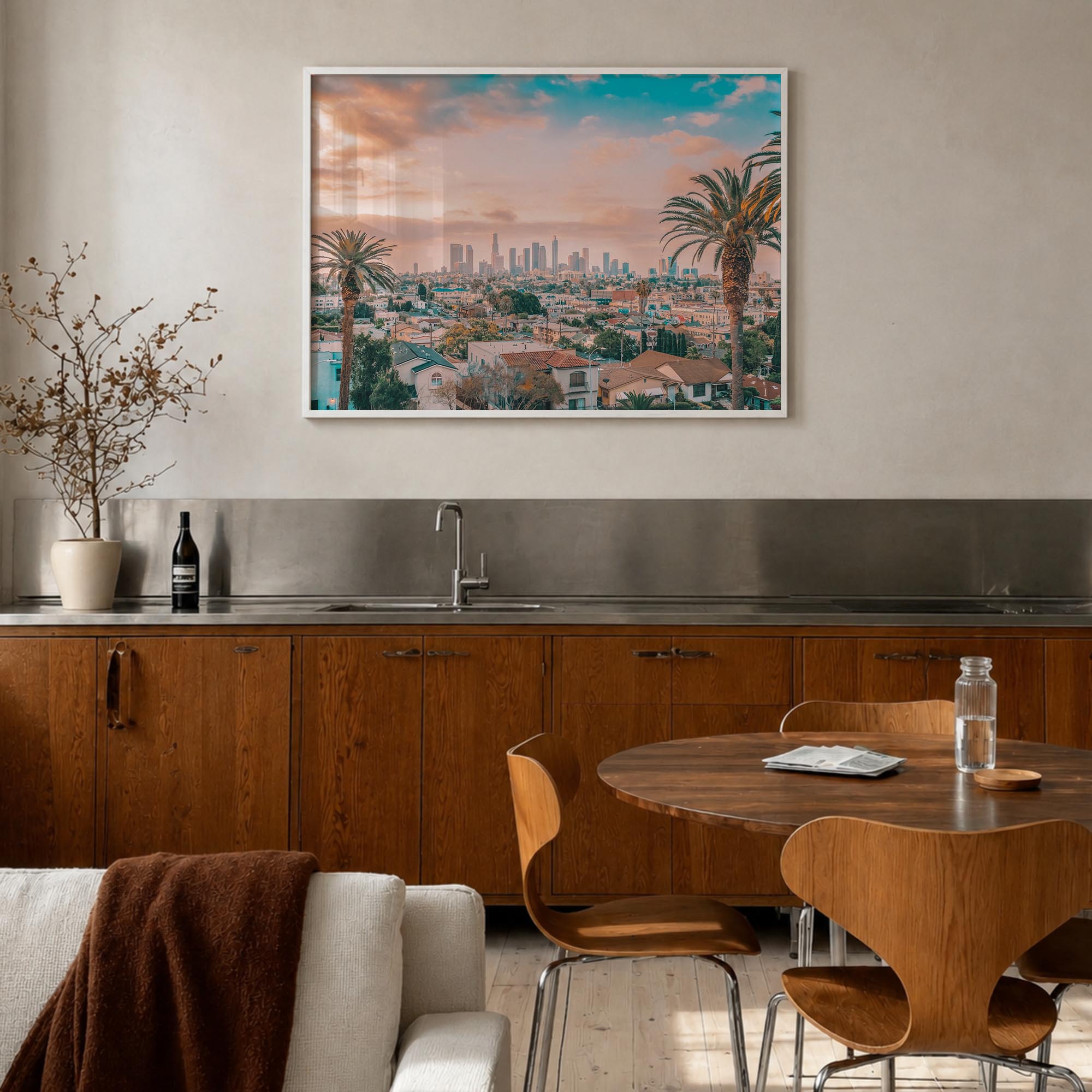 Los Angeles colorful photo poster of California, USA – horizontal wall art in white wood frame, hanging on wall