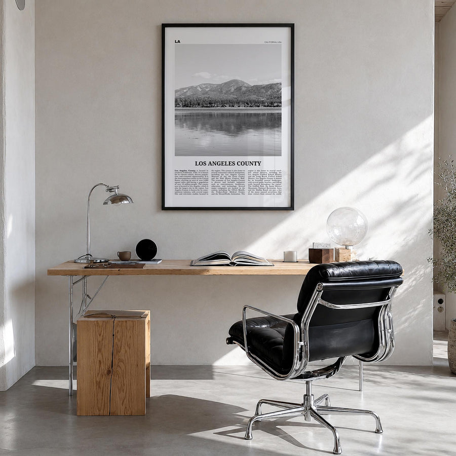Los Angeles County black & white newspaper poster of California, USA – vertical wall art in black wood frame, hanging on wall