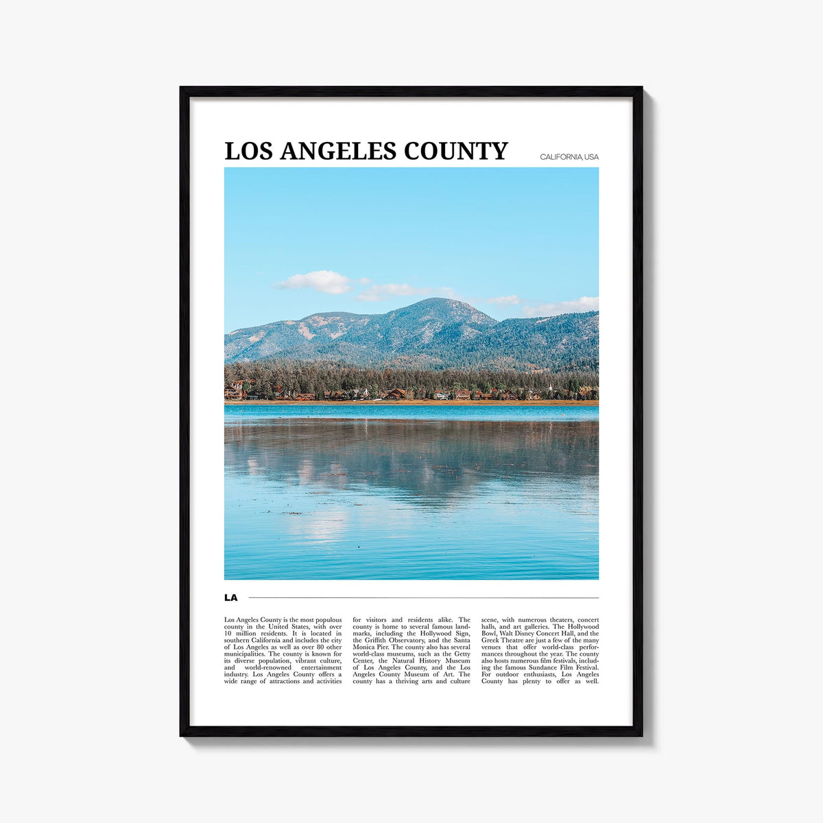 Los Angeles County colorful travel poster of California, USA – vertical wall art, unframed print shown in interior mockup