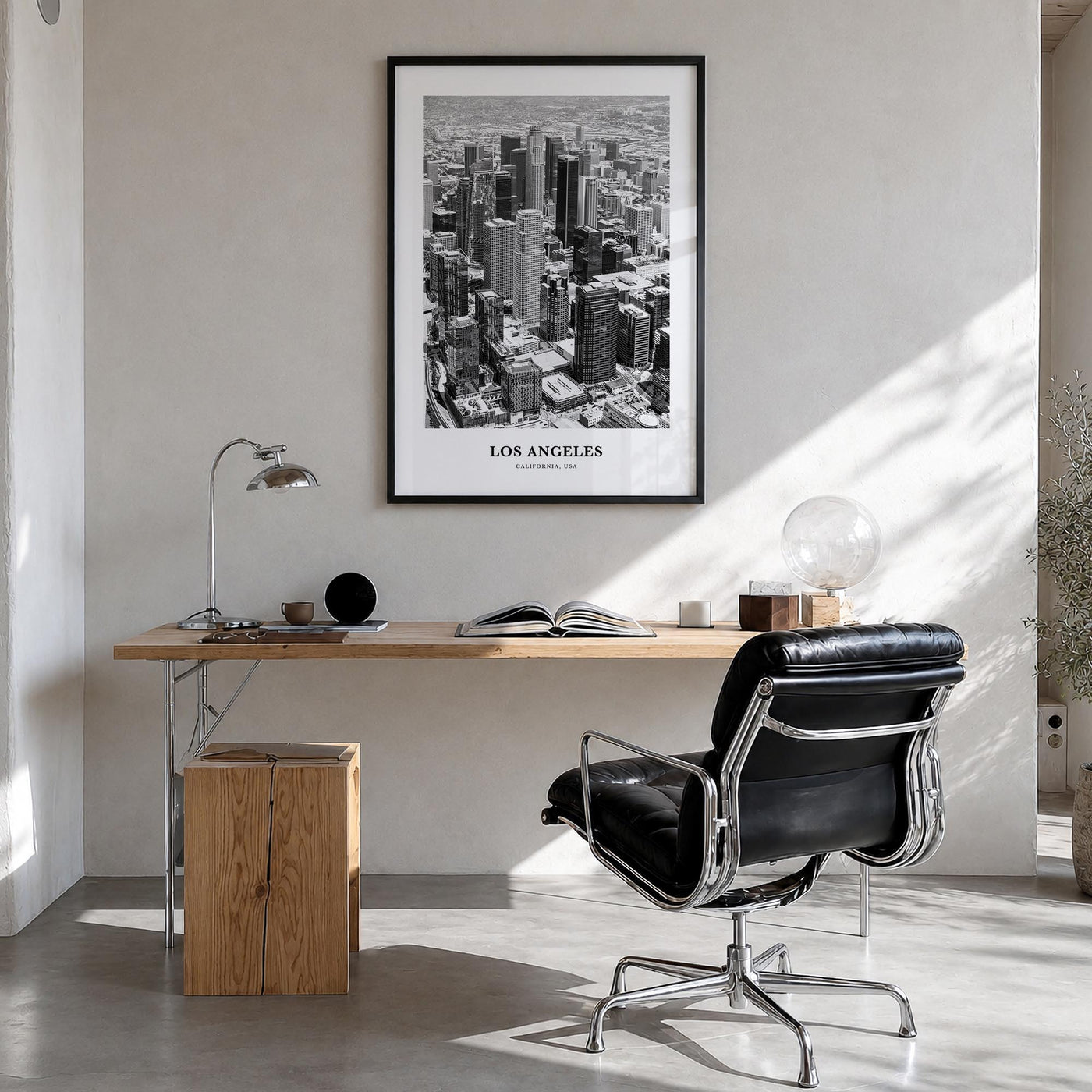 Los Angeles no. 1 black & white classic poster of California, USA – vertical wall art in black wood frame, hanging on wall