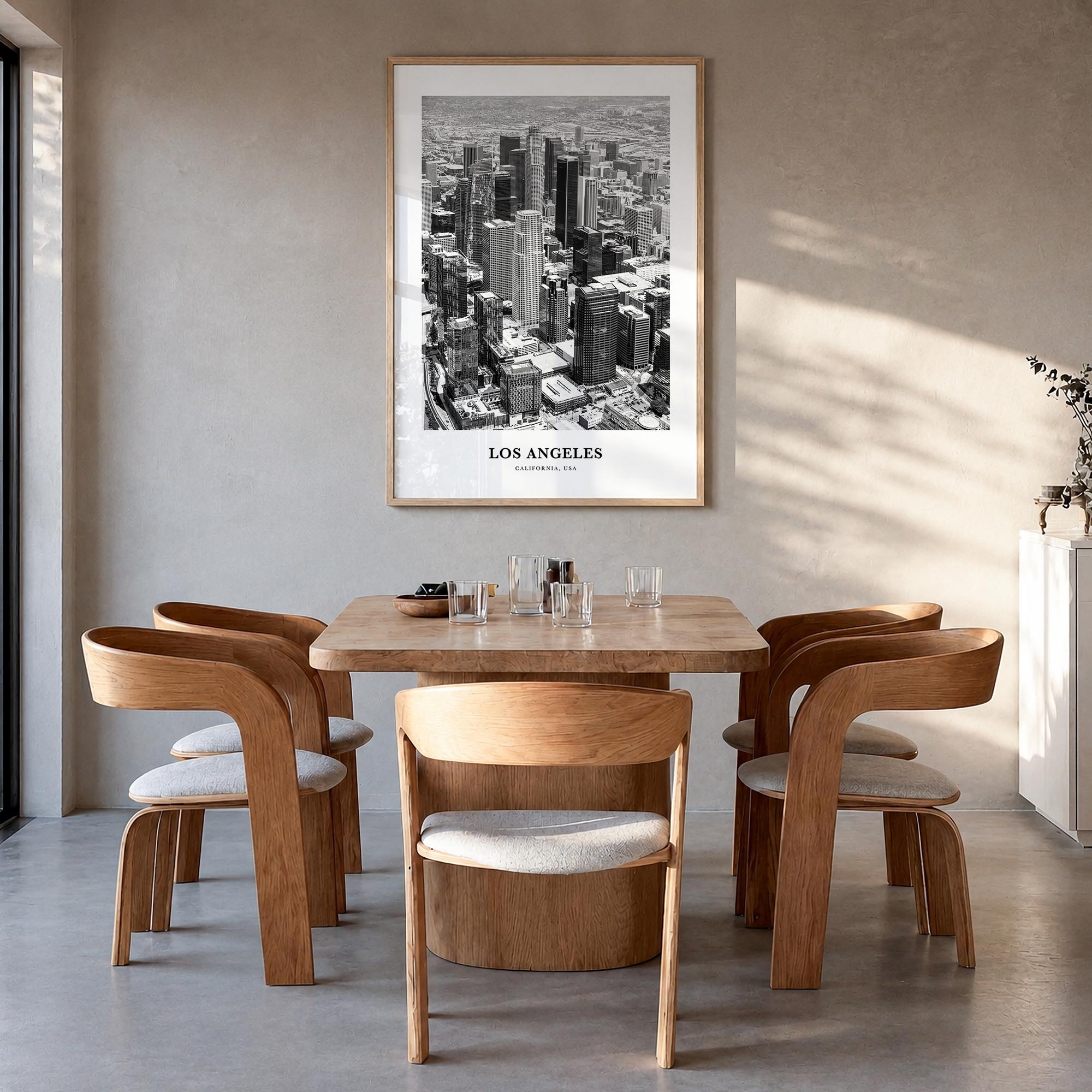 Los Angeles no. 1 black & white classic poster of California, USA – vertical wall art in natural wood frame, hanging on wall