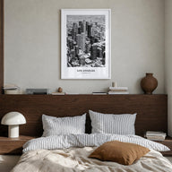 Los Angeles no. 1 black & white classic poster of California, USA – vertical wall art in white wood frame, hanging on wall