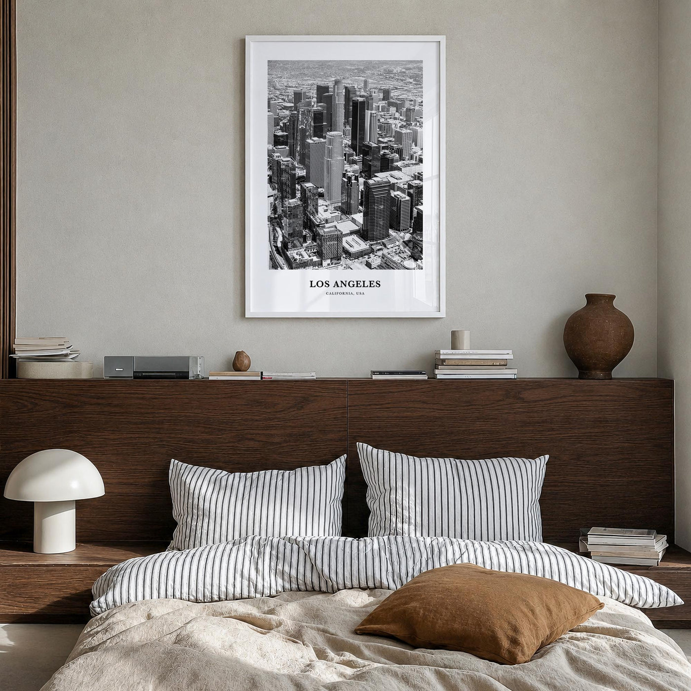 Los Angeles no. 1 black & white classic poster of California, USA – vertical wall art in white wood frame, hanging on wall