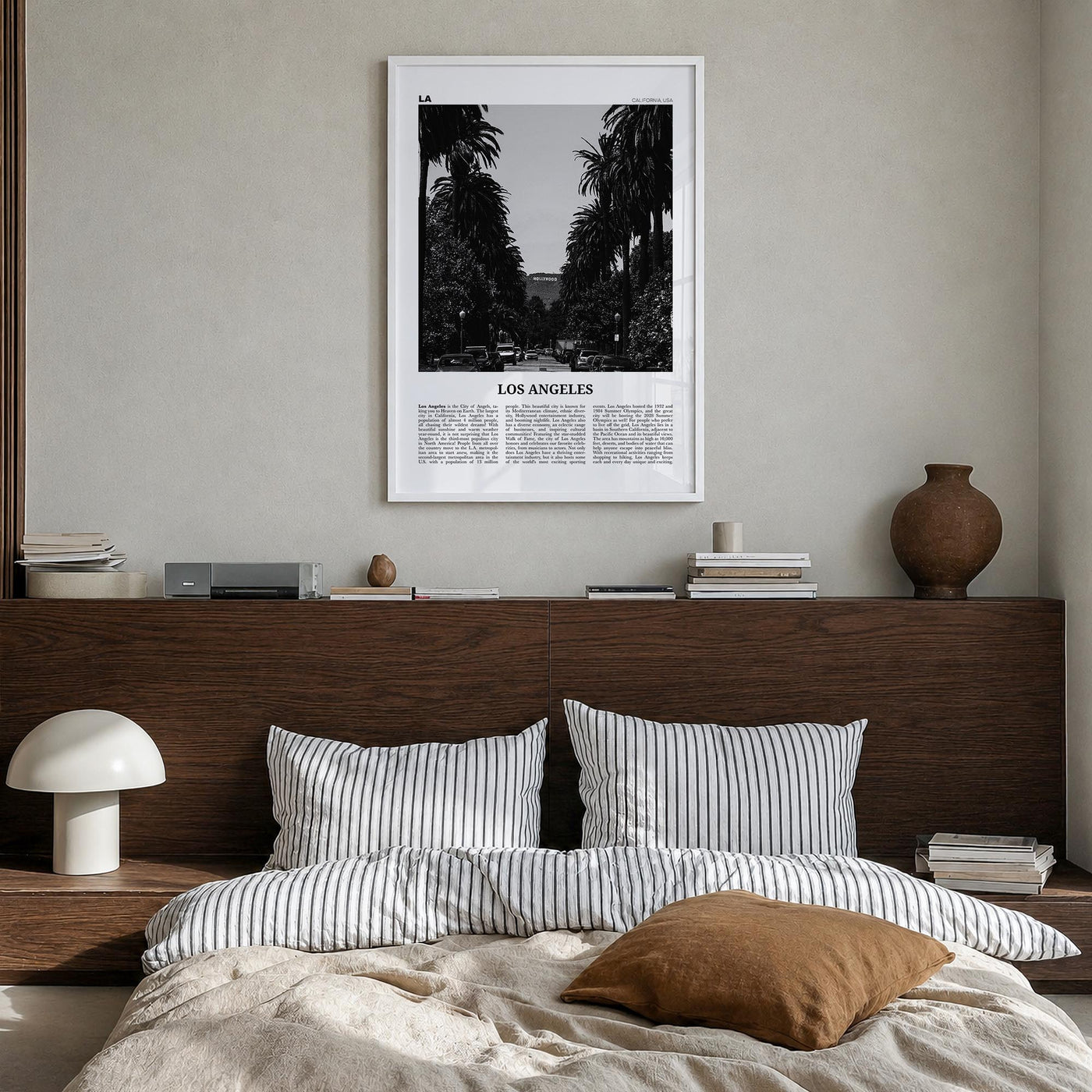 Los Angeles no. 1 black & white newspaper poster of California, USA – vertical wall art in white wood frame, hanging on wall