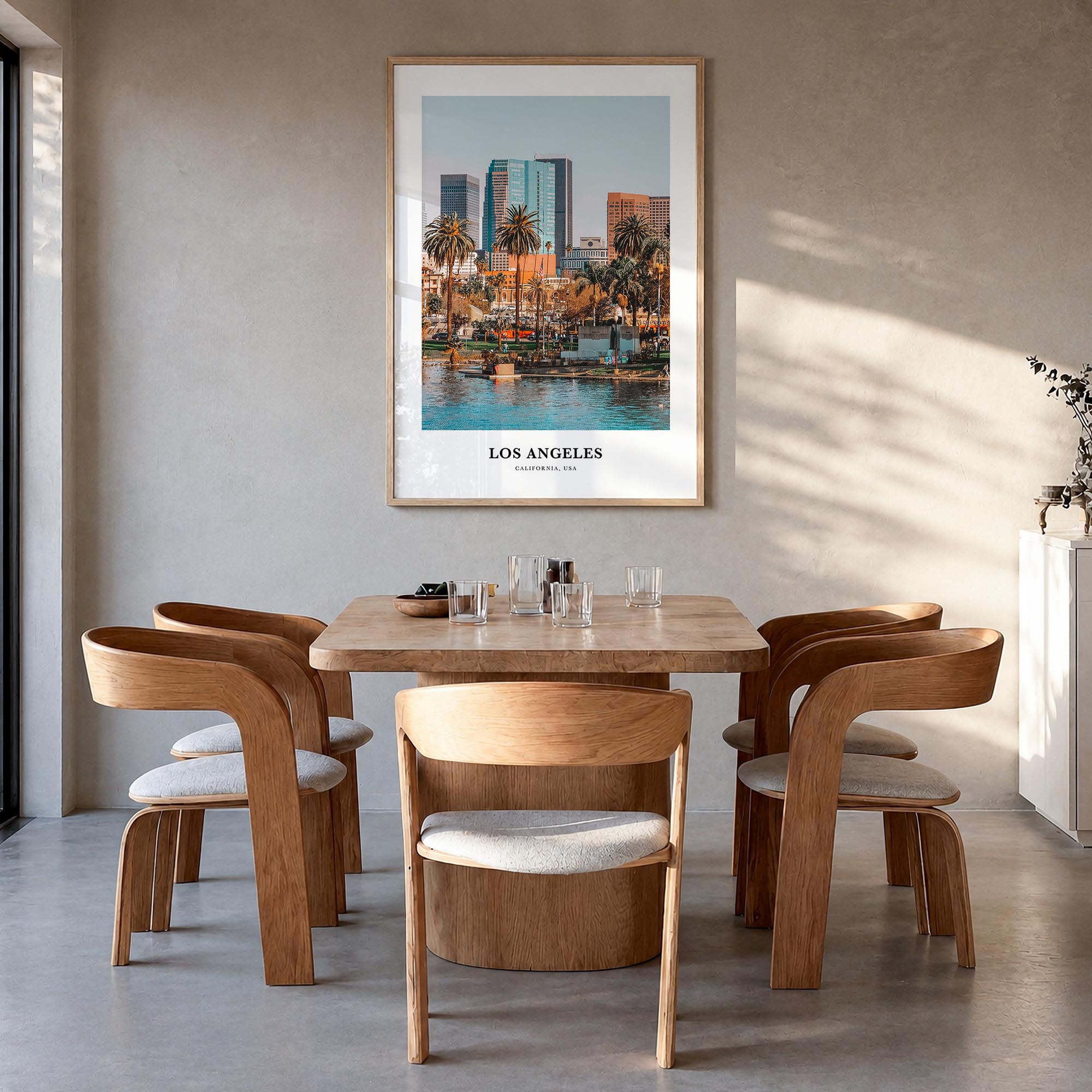 Los Angeles no. 1 colorful classic poster of California, USA – vertical wall art in natural wood frame, hanging on wall