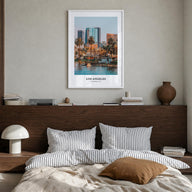 Los Angeles no. 1 colorful classic poster of California, USA – vertical wall art in white wood frame, hanging on wall