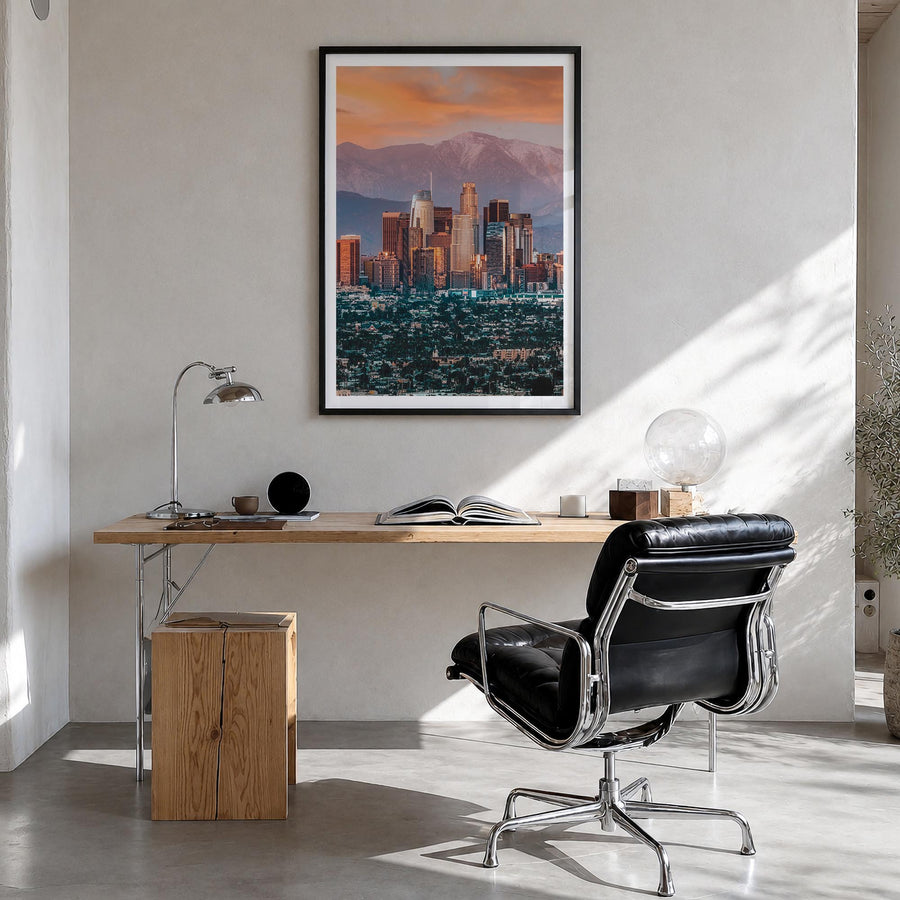 Los Angeles no. 1 colorful photo poster of California, USA – vertical wall art in black wood frame with white border, hanging