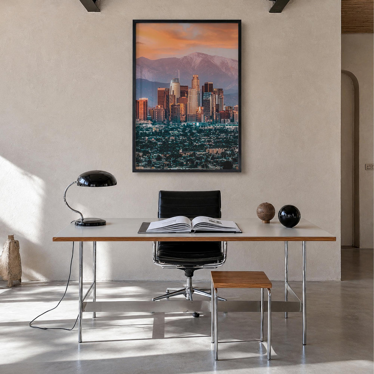 Los Angeles no. 1 colorful photo poster of California, USA – vertical wall art in black wood frame, hanging on wall