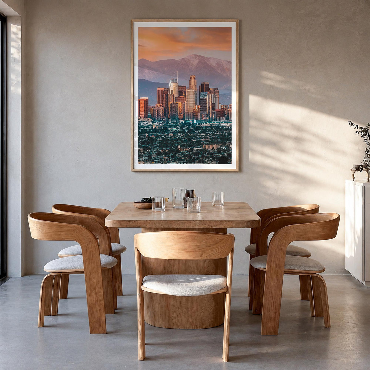 Los Angeles no. 1 colorful photo poster of California, USA – vertical wall art in natural wood frame with white border, hangi