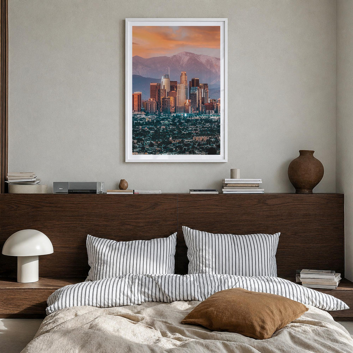 Los Angeles no. 1 colorful photo poster of California, USA – vertical wall art in white wood frame with white border, hanging