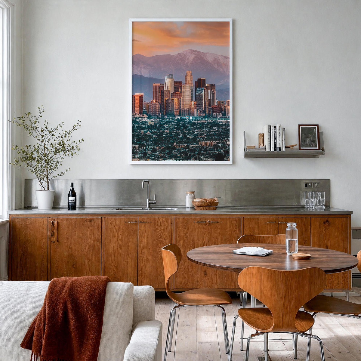 Los Angeles no. 1 colorful photo poster of California, USA – vertical wall art in white wood frame, hanging on wall