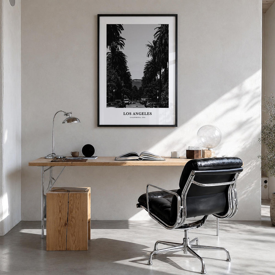 Los Angeles no. 2 black & white classic poster of California, USA – vertical wall art in black wood frame, hanging on wall
