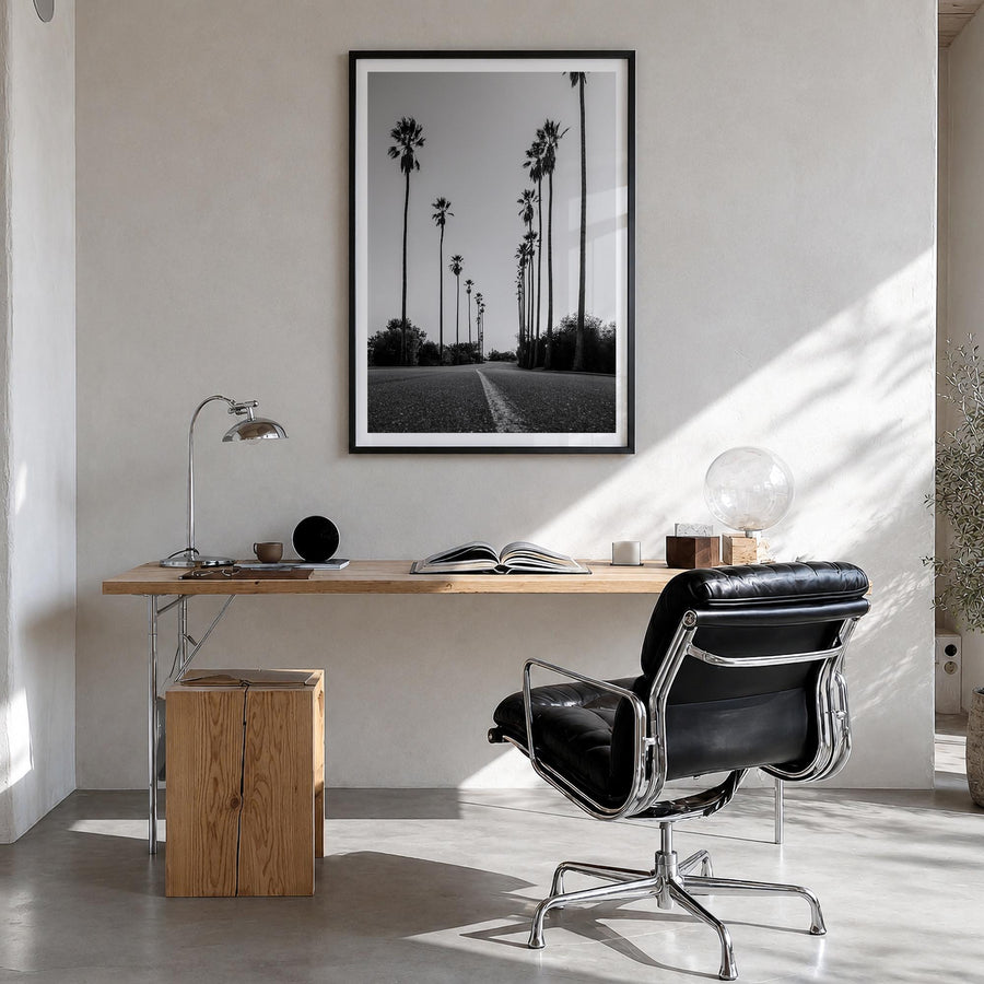 Los Angeles no. 2 black & white photo poster of California, USA – vertical wall art in black wood frame with white border, ha