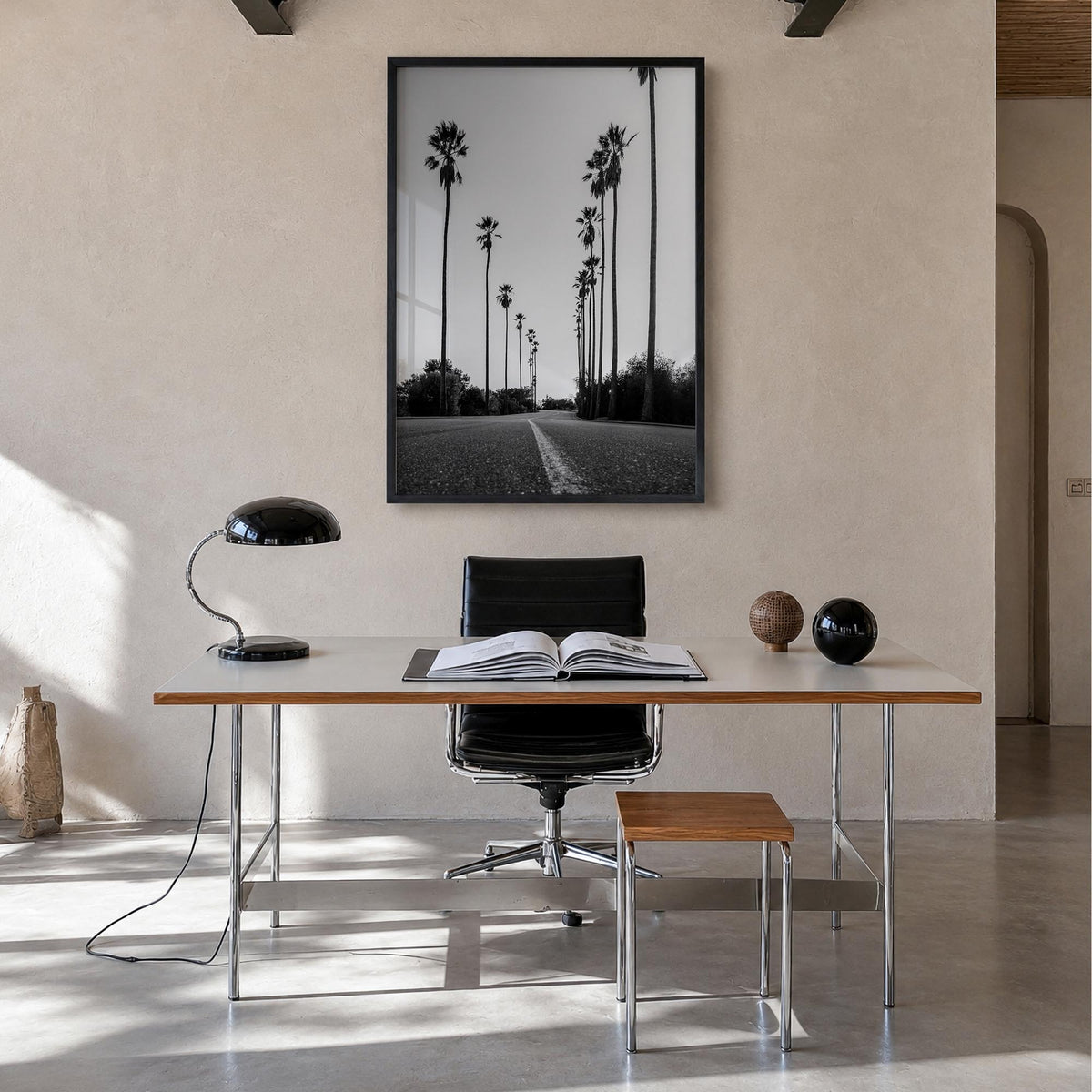 Los Angeles no. 2 black & white photo poster of California, USA – vertical wall art in black wood frame, hanging on wall
