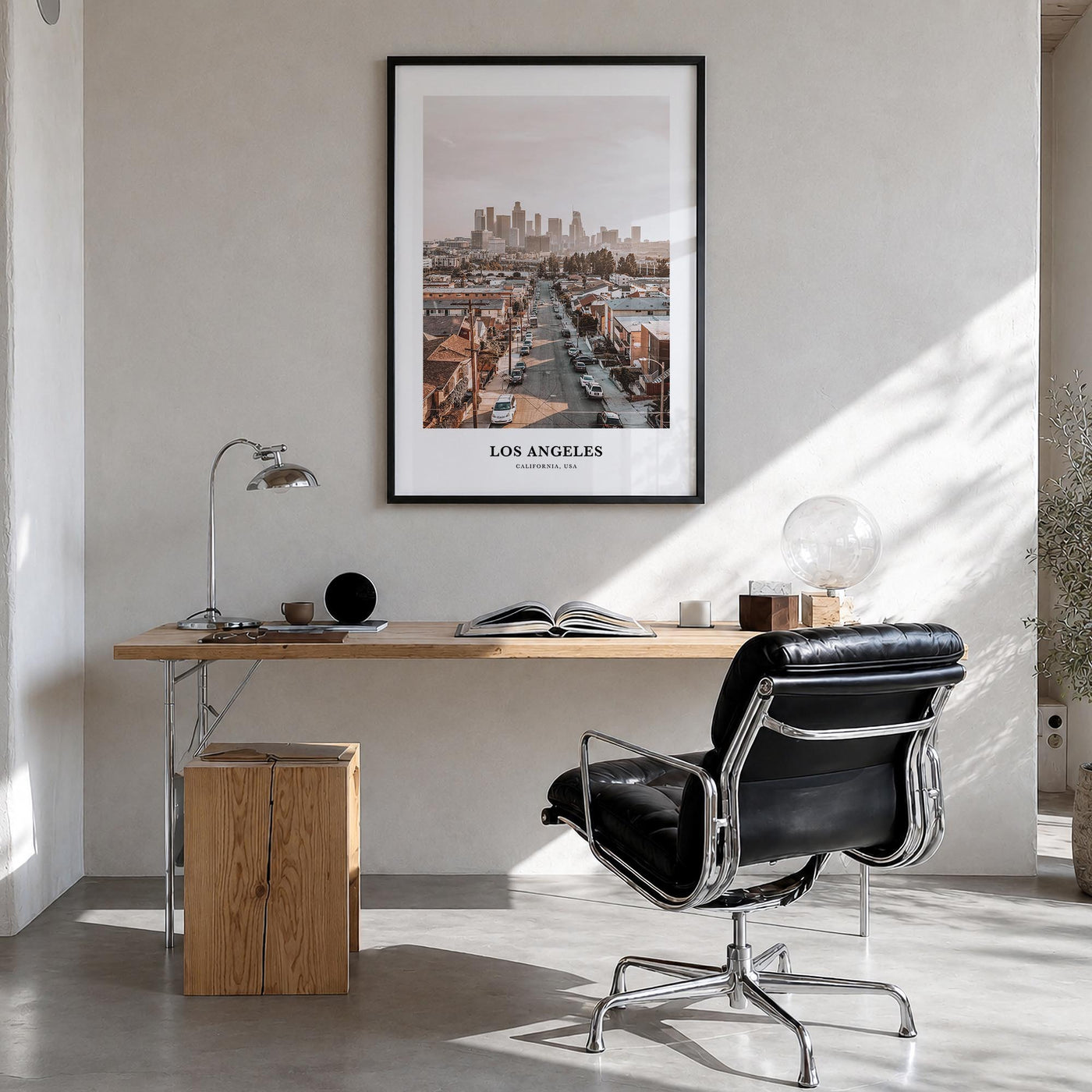 Los Angeles no. 2 colorful classic poster of California, USA – vertical wall art in black wood frame, hanging on wall