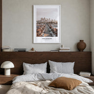 Los Angeles no. 2 colorful classic poster of California, USA – vertical wall art in white wood frame, hanging on wall