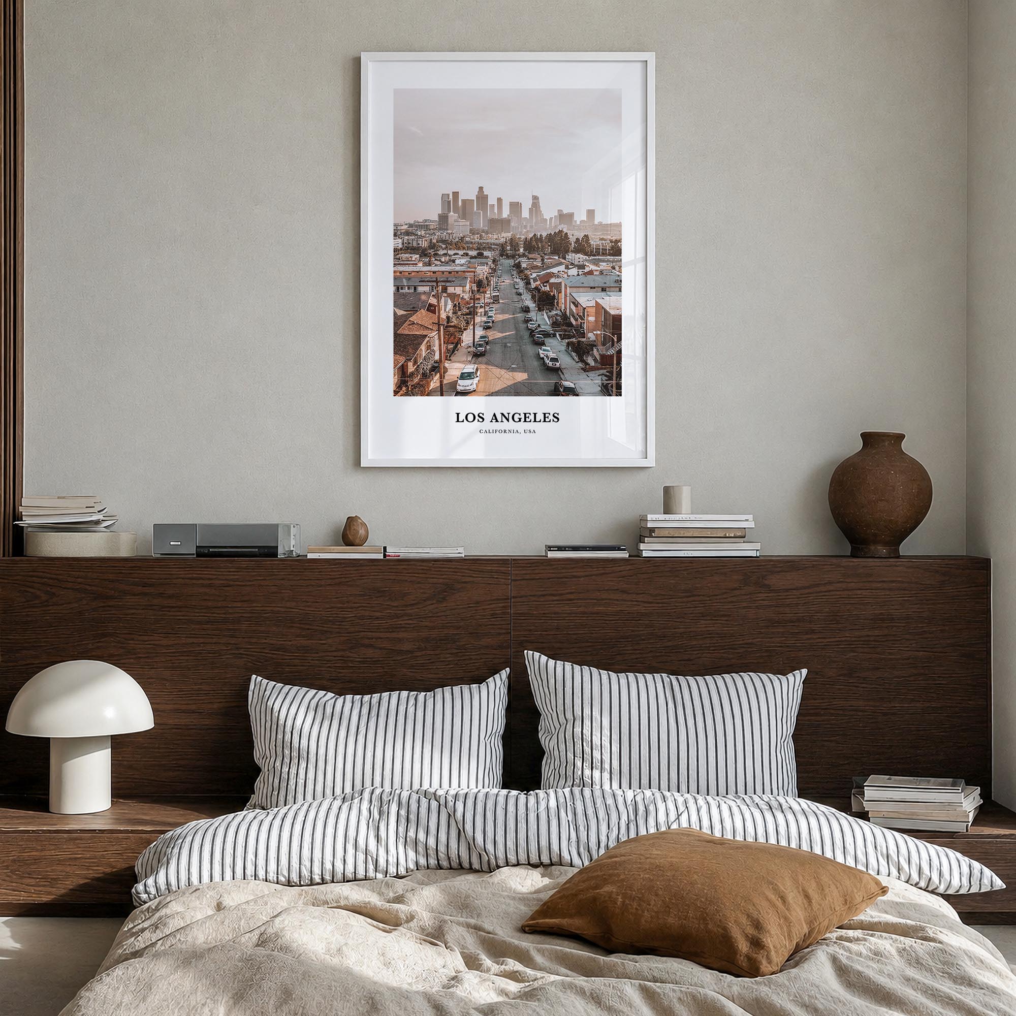 Los Angeles no. 2 colorful classic poster of California, USA – vertical wall art in white wood frame, hanging on wall