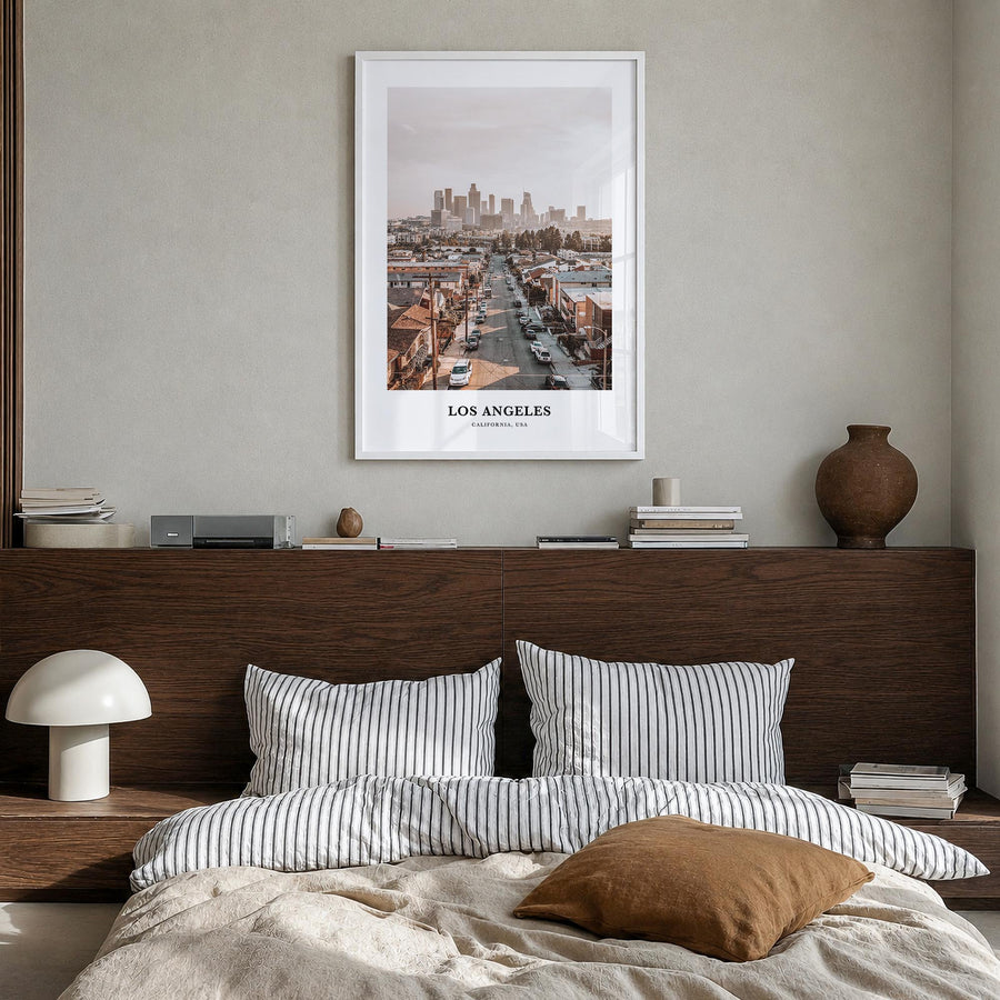 Los Angeles no. 2 colorful classic poster of California, USA – vertical wall art in white wood frame, hanging on wall