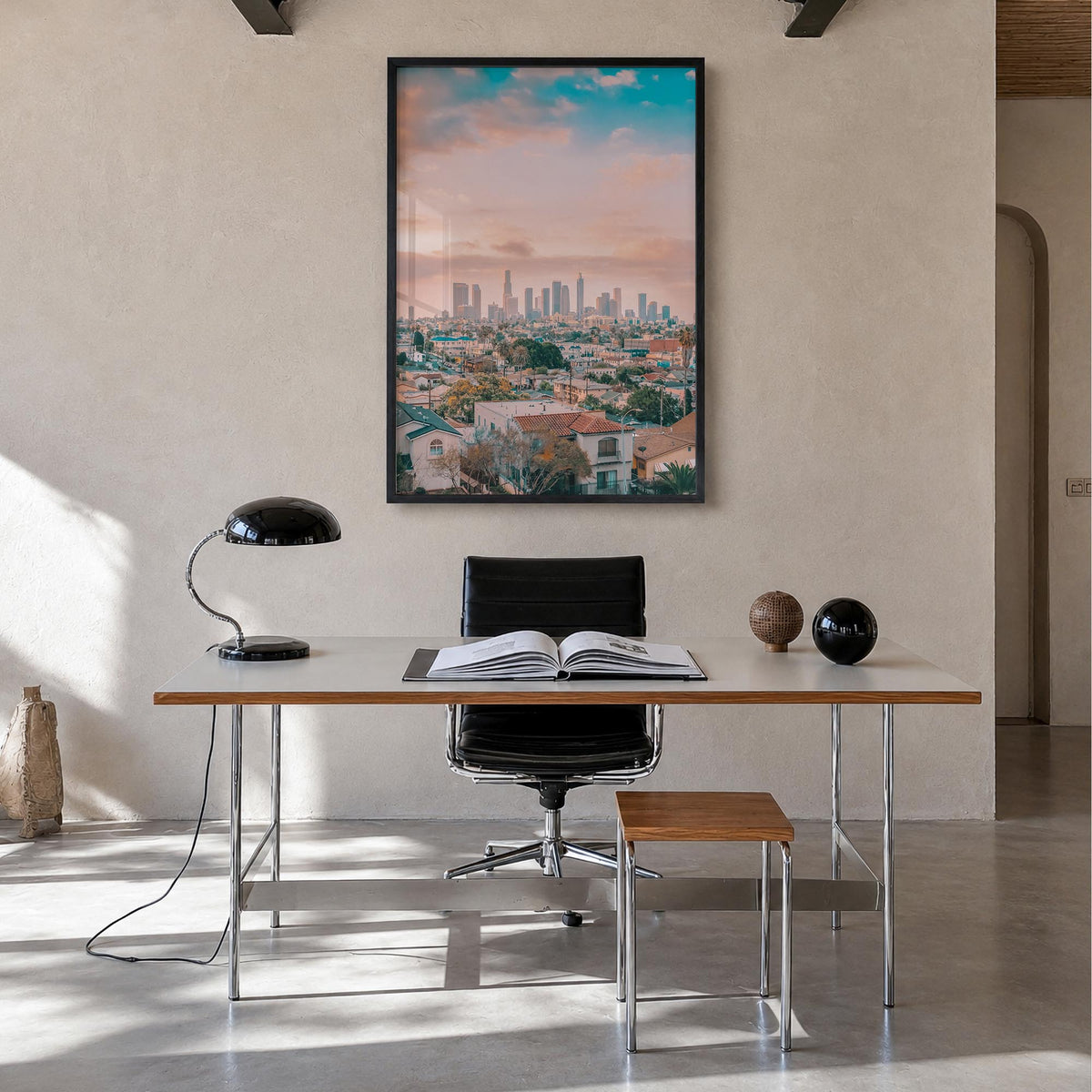 Los Angeles no. 2 colorful photo poster of California, USA – vertical wall art in black wood frame, hanging on wall