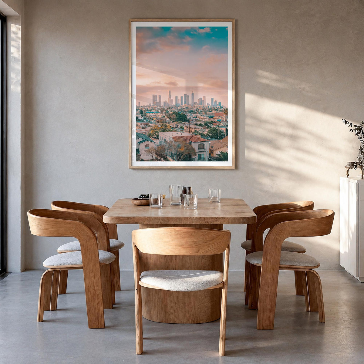 Los Angeles no. 2 colorful photo poster of California, USA – vertical wall art in natural wood frame with white border, hangi