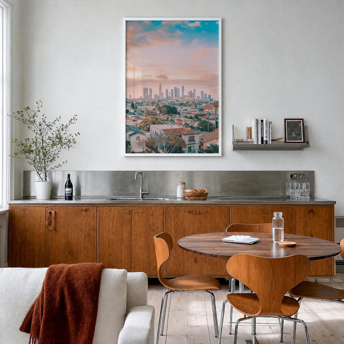 Los Angeles no. 2 colorful photo poster of California, USA – vertical wall art in white wood frame, hanging on wall