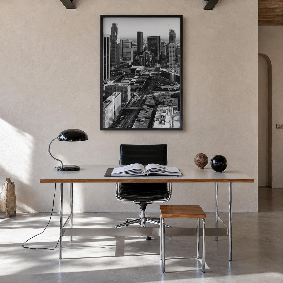 Los Angeles no. 3 black & white photo poster of California, USA – vertical wall art in black wood frame, hanging on wall