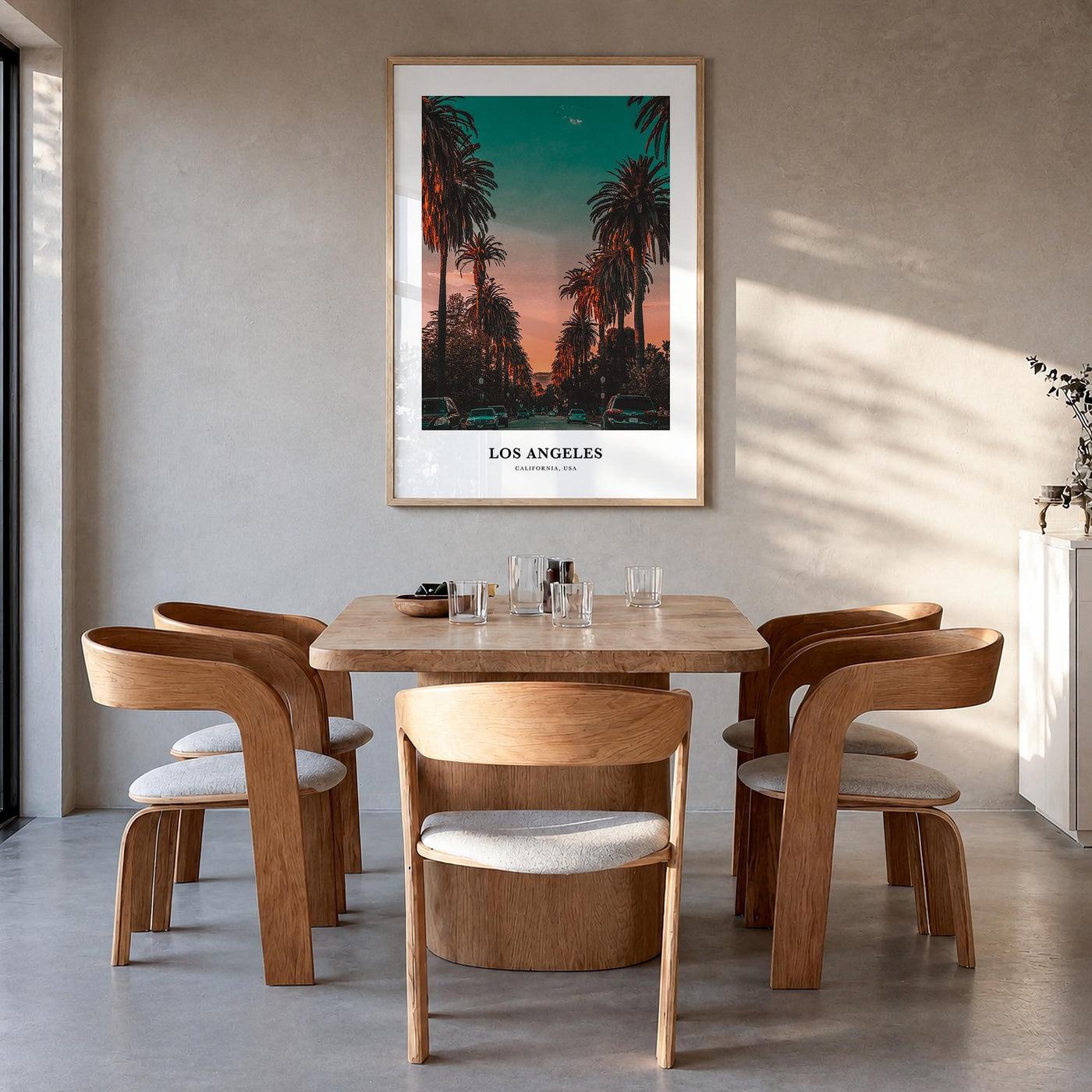 Los Angeles no. 3 colorful classic poster of California, USA – vertical wall art in natural wood frame, hanging on wall