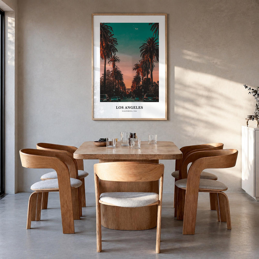 Los Angeles no. 3 colorful classic poster of California, USA – vertical wall art in natural wood frame, hanging on wall