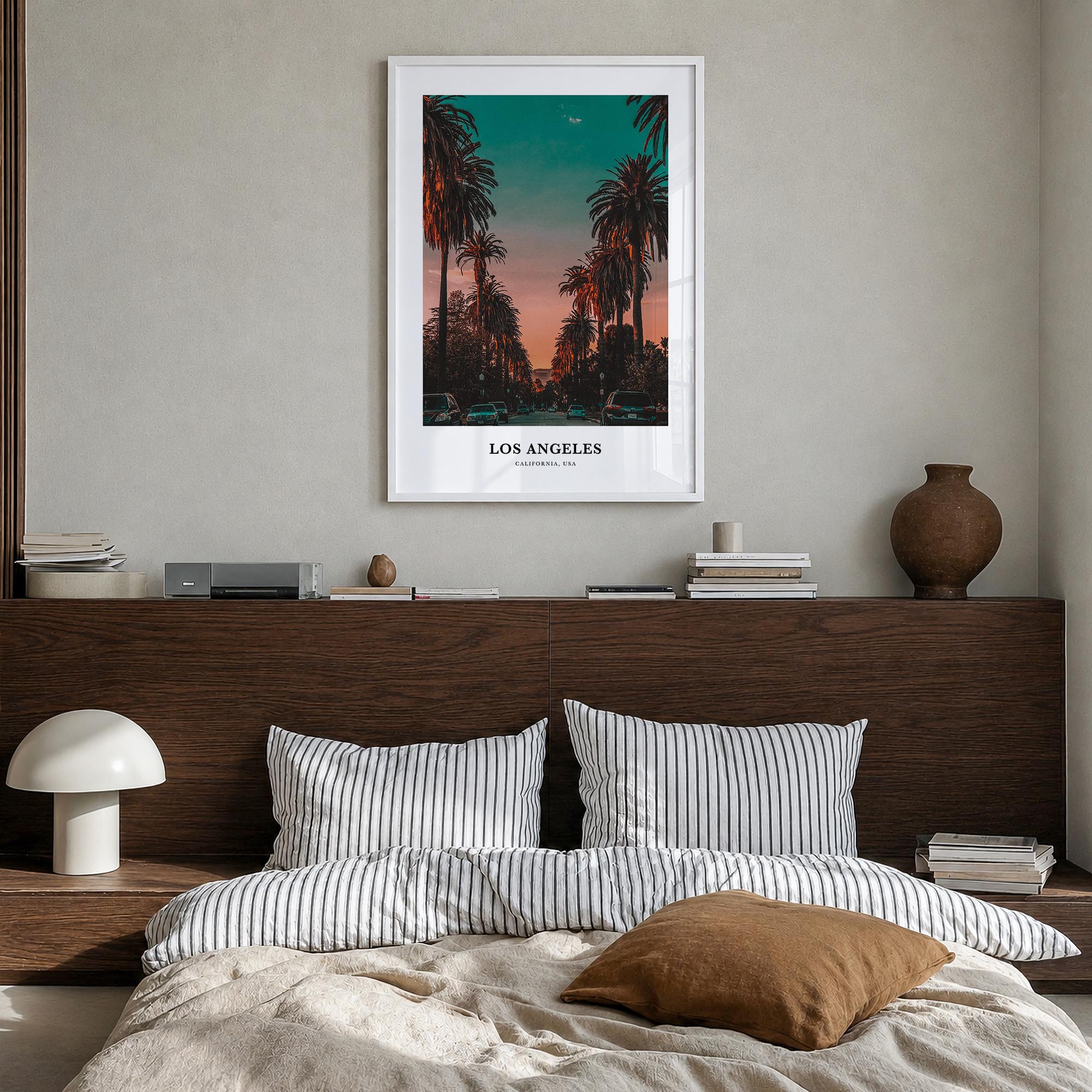 Los Angeles no. 3 colorful classic poster of California, USA – vertical wall art in white wood frame, hanging on wall