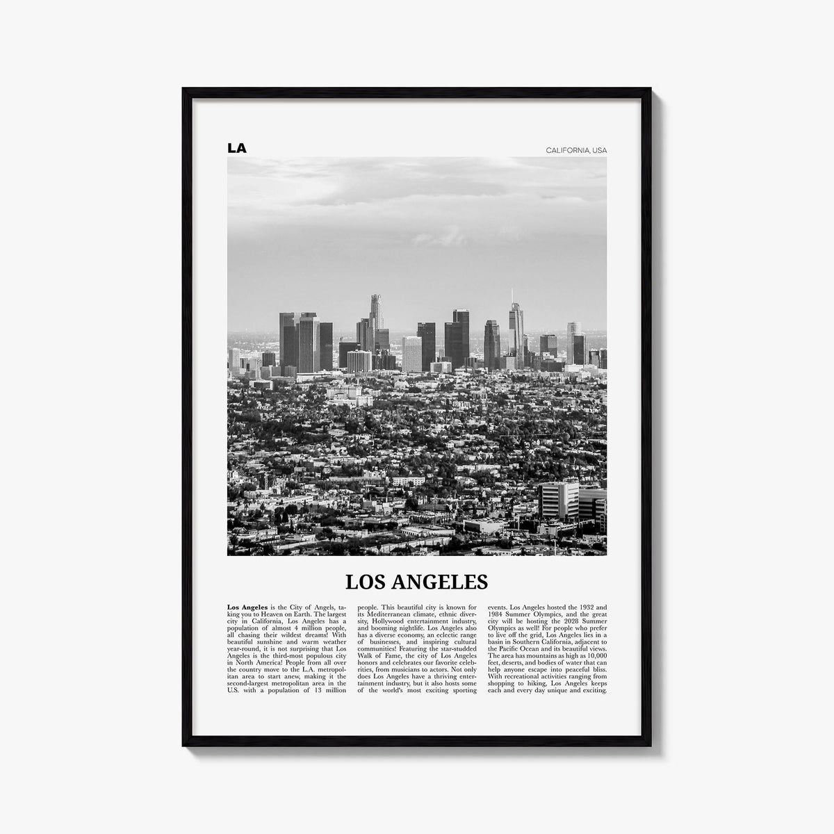 Los Angeles no. 4 black & white newspaper poster of California, USA – vertical wall art, unframed print shown in interior moc