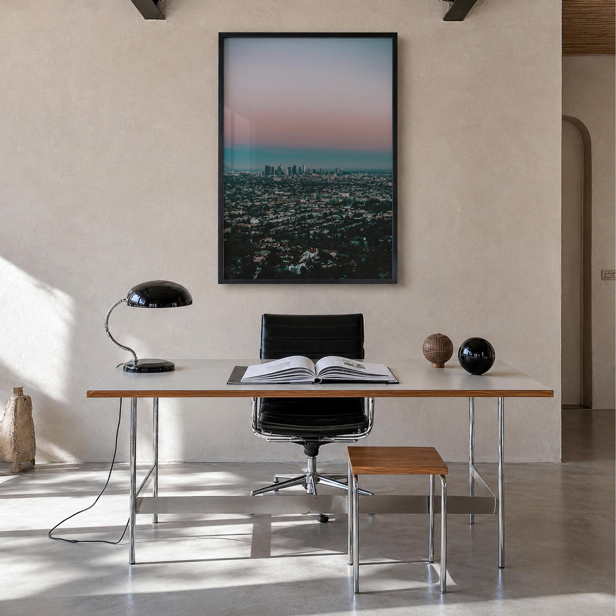 Los Angeles no. 4 colorful photo poster of California, USA – vertical wall art in black wood frame, hanging on wall