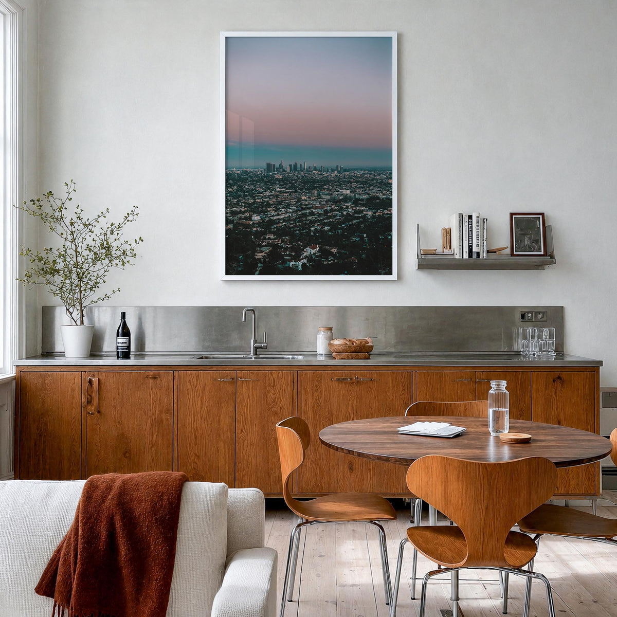 Los Angeles no. 4 colorful photo poster of California, USA – vertical wall art in white wood frame, hanging on wall