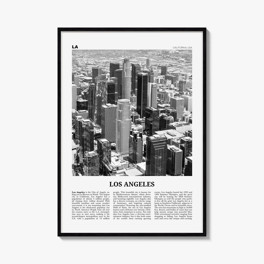 Los Angeles no. 5 black & white newspaper poster of California, USA – vertical wall art, unframed print shown in interior moc