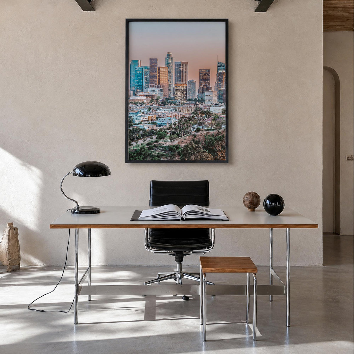 Los Angeles no. 5 colorful photo poster of California, USA – vertical wall art in black wood frame, hanging on wall