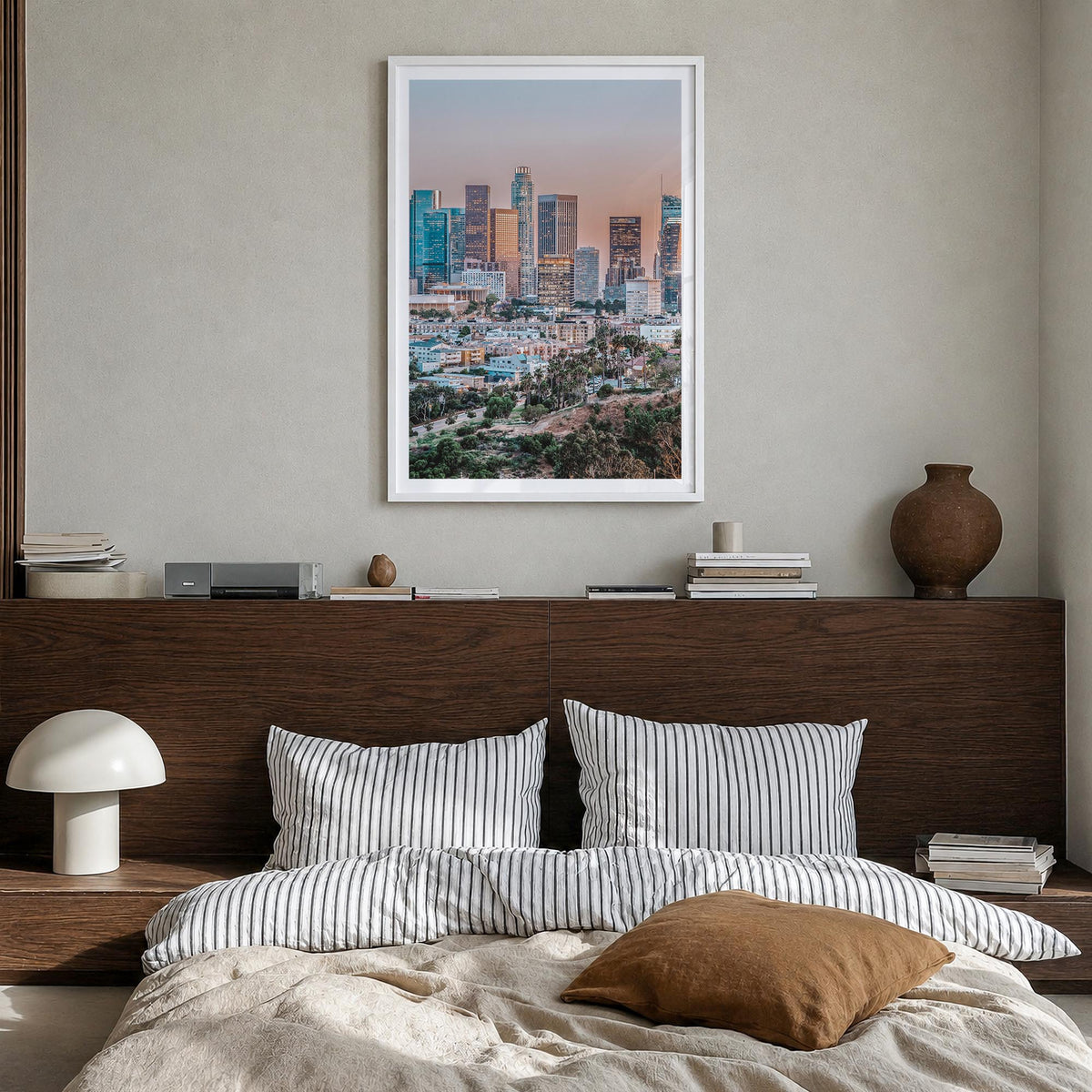 Los Angeles no. 5 colorful photo poster of California, USA – vertical wall art in white wood frame with white border, hanging