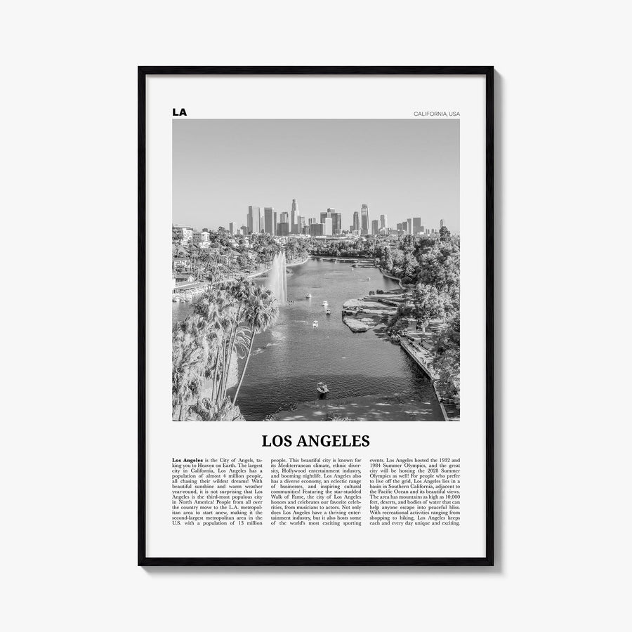 Los Angeles no. 6 black & white newspaper poster of California, USA – vertical wall art, unframed print shown in interior moc