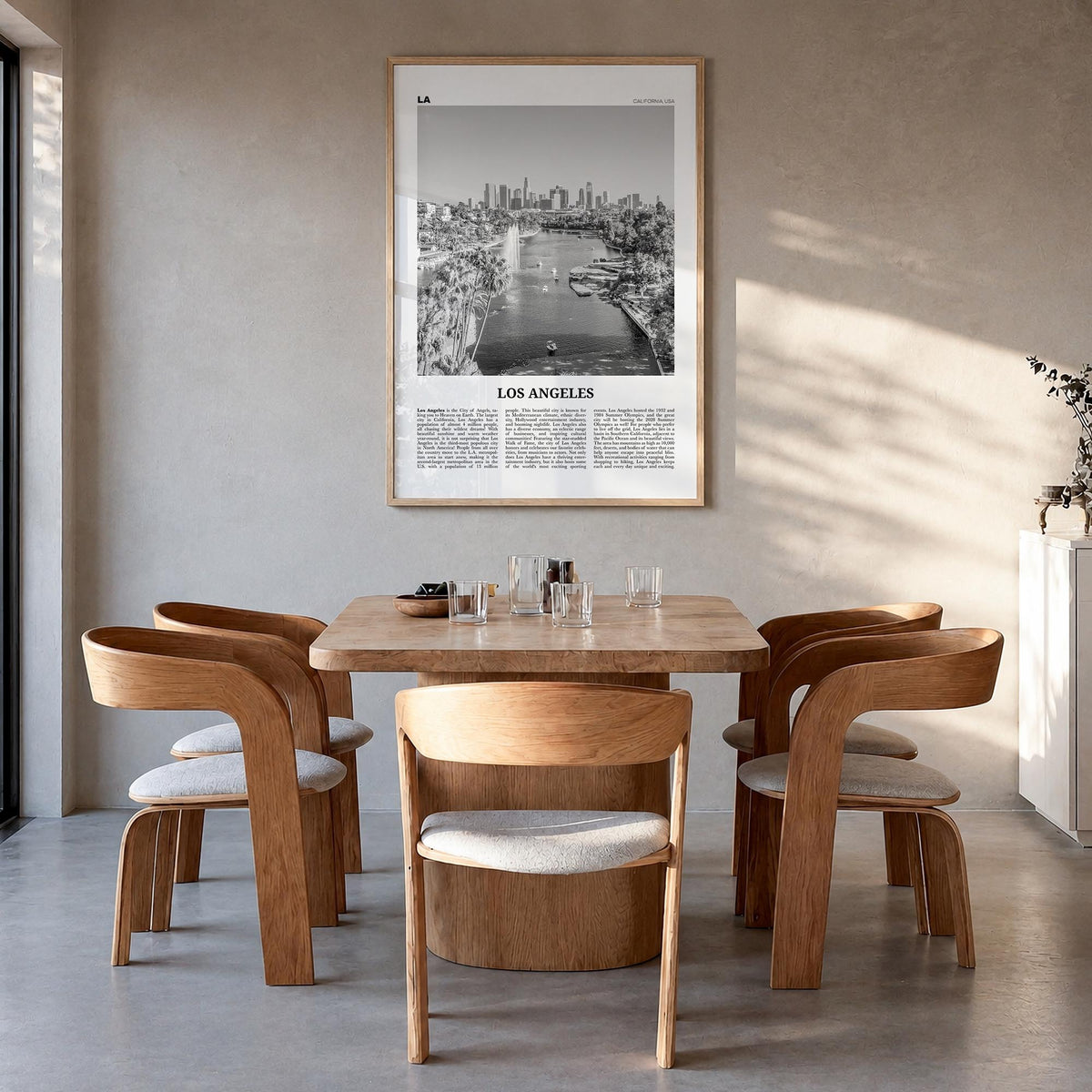 Los Angeles no. 6 black & white newspaper poster of California, USA – vertical wall art in natural wood frame, hanging on wal