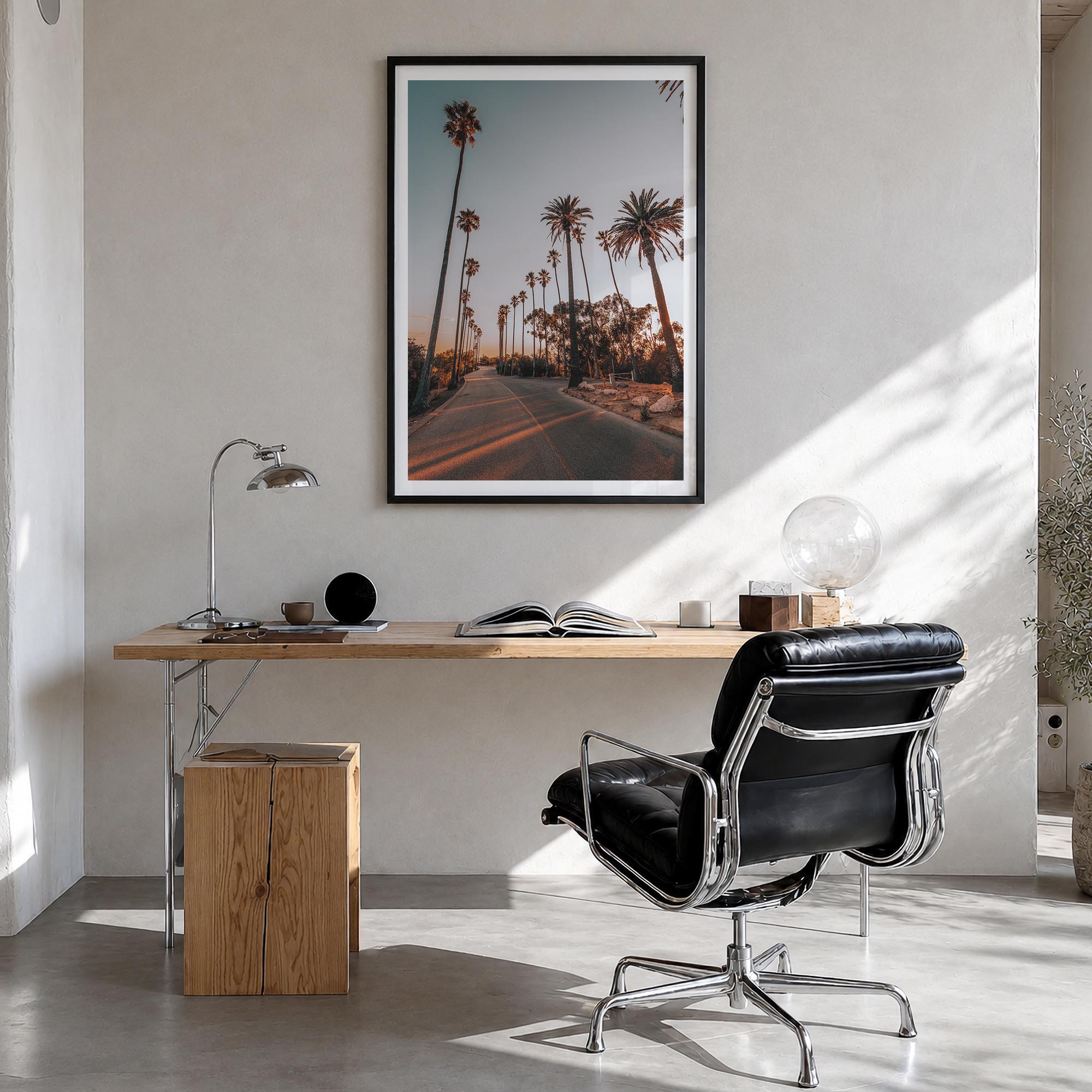 Los Angeles no. 6 colorful photo poster of California, USA – vertical wall art in black wood frame with white border, hanging
