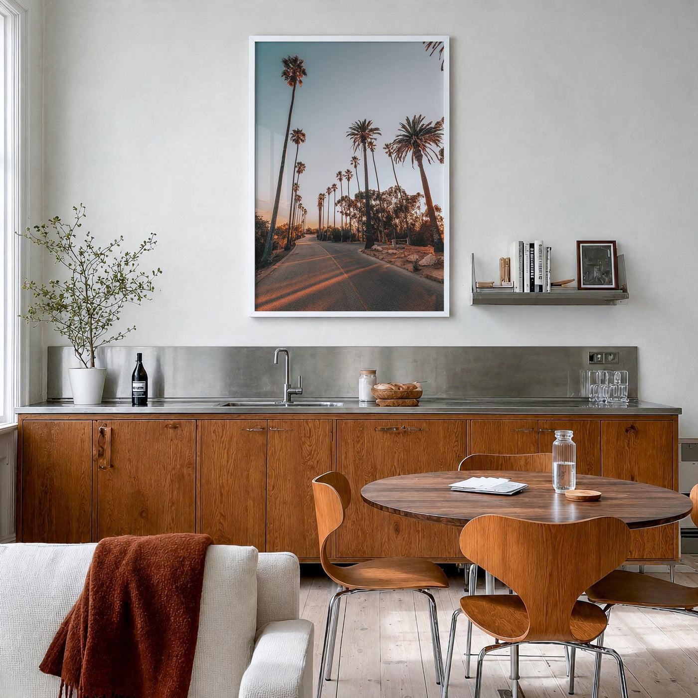 Los Angeles no. 6 colorful photo poster of California, USA – vertical wall art in white wood frame, hanging on wall