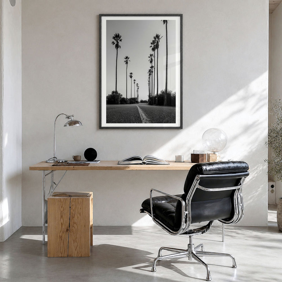 Los Angeles Photo No 2 Poster in a black wood frame, hanging in a bright home office, white border