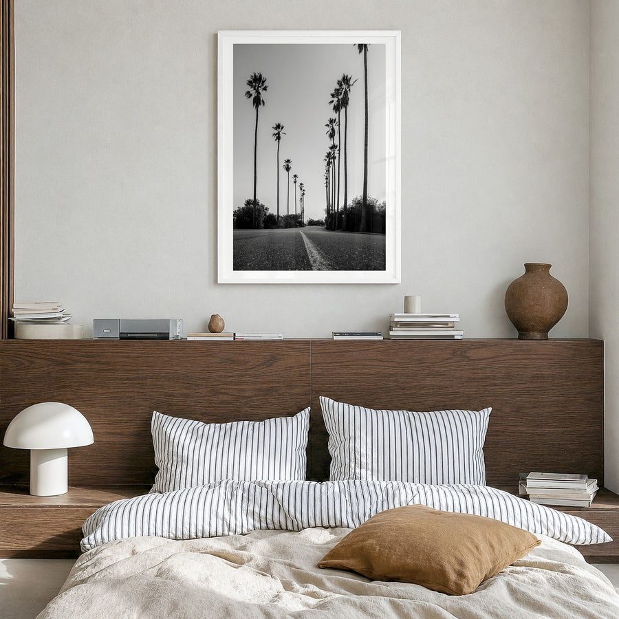 Los Angeles Photo No 2 Poster in a white wood frame, hanging in a bedroom, white border