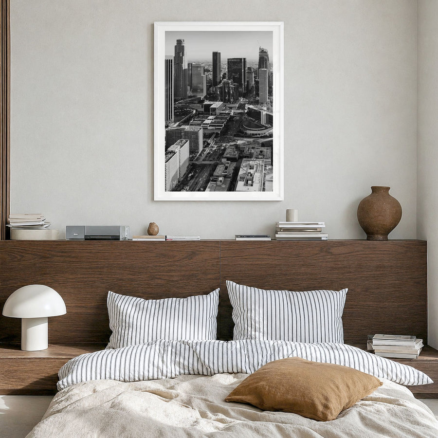 Los Angeles Photo No 3 Poster in a white wood frame, hanging in a bedroom, white border