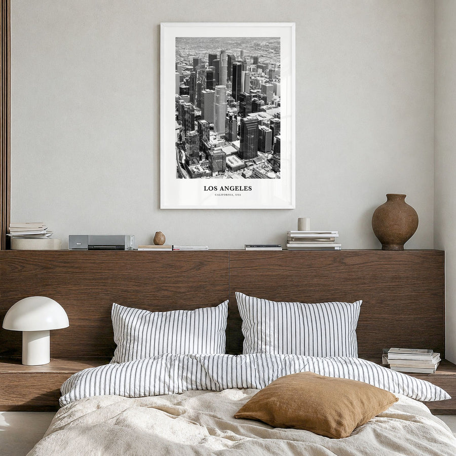 Los Angeles Classic No 1 Poster in a white wood frame, hanging in a bedroom
