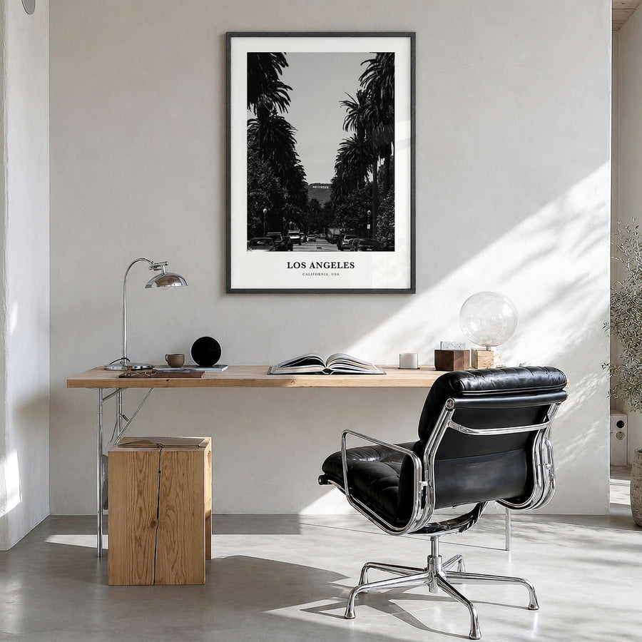Los Angeles Classic No 2 Poster in a black wood frame, hanging in a bright home office