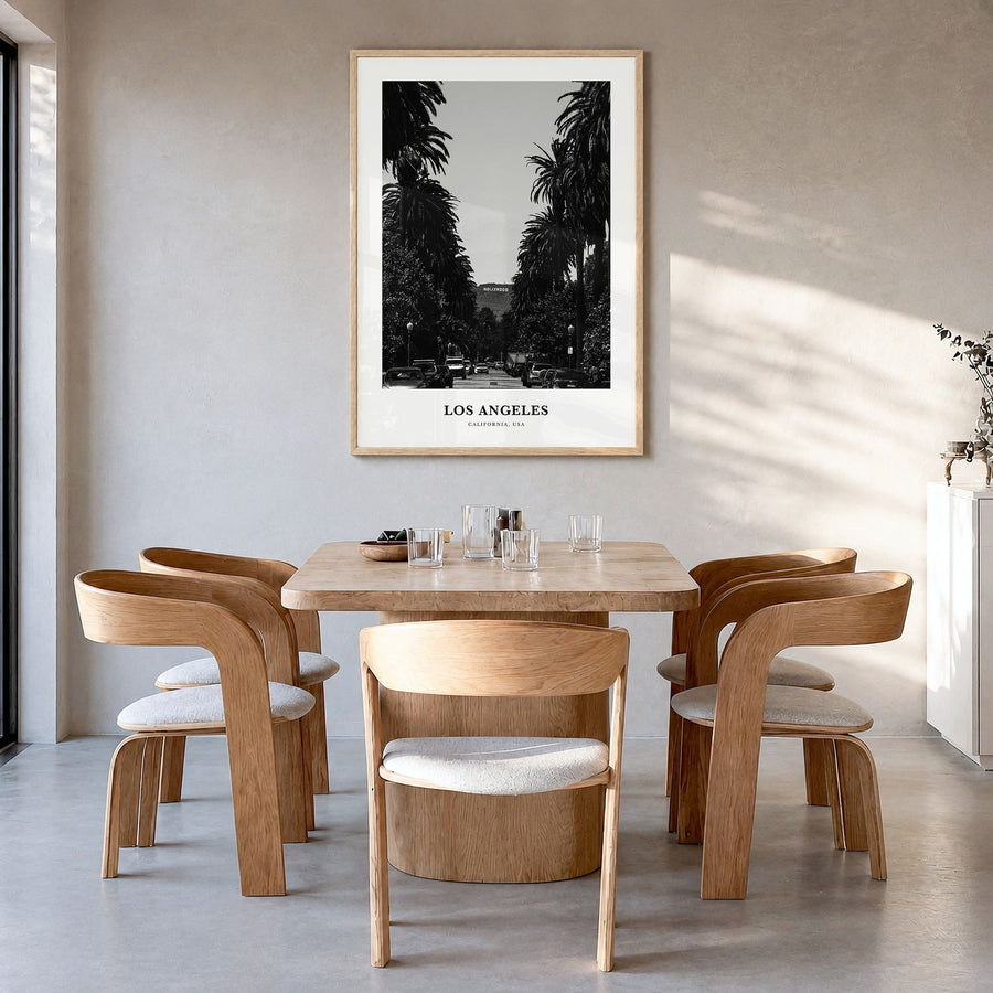 Los Angeles Classic No 2 Poster in a natural wood frame, hanging in a dining room