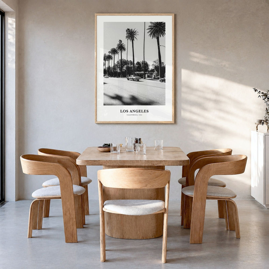 Los Angeles Classic No 4 Poster in a natural wood frame, hanging in a dining room