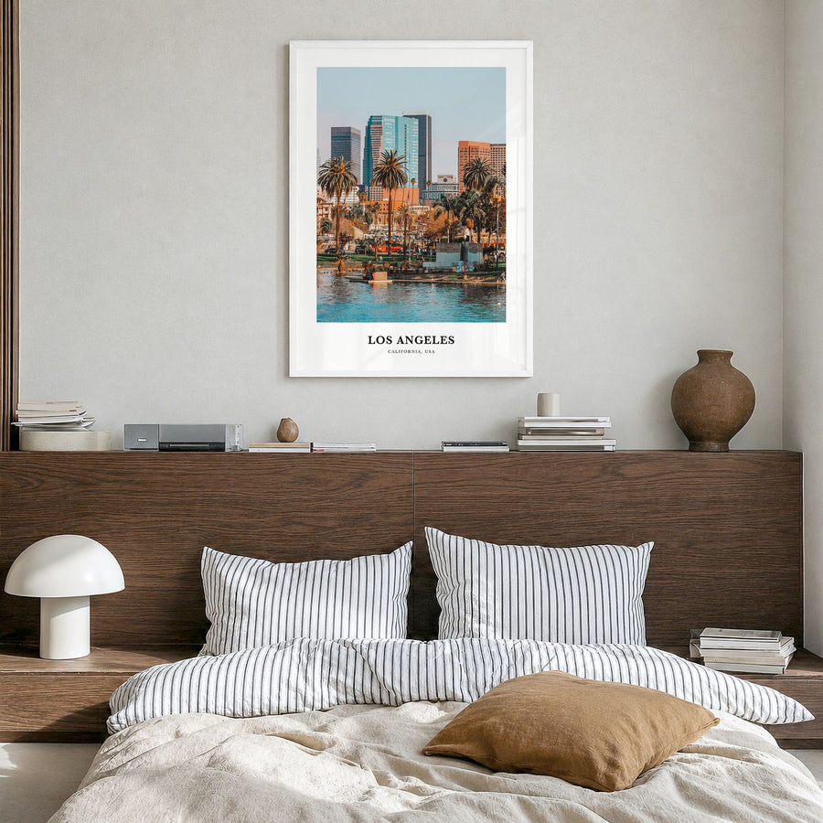 Los Angeles Classic No 1 Poster in a white wood frame, hanging in a bedroom