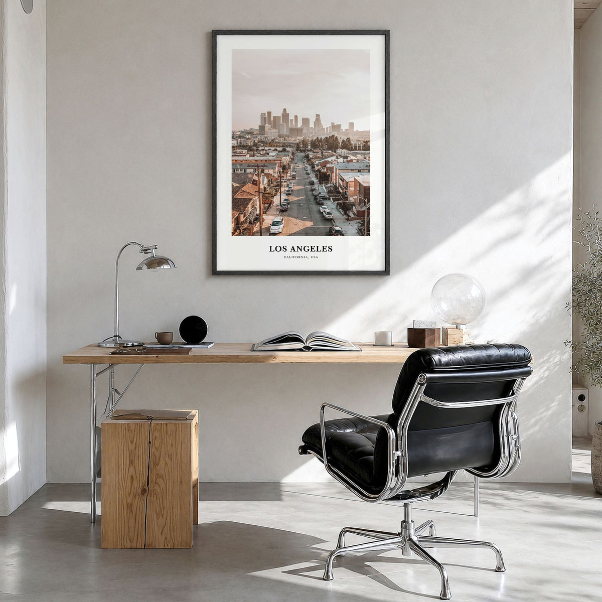 Los Angeles Classic No 2 Poster in a black wood frame, hanging in a bright home office