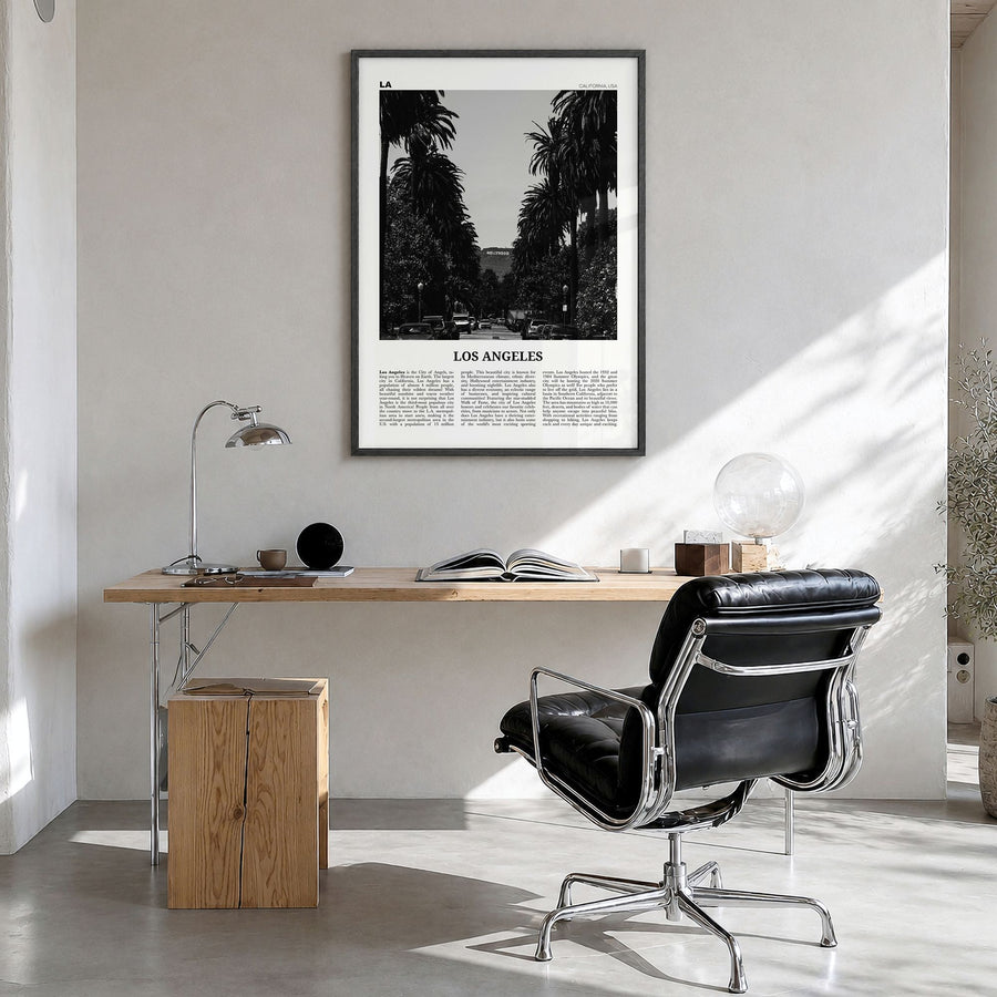Los Angeles Newspaper No 1 Poster in a black wood frame, hanging in a bright home office